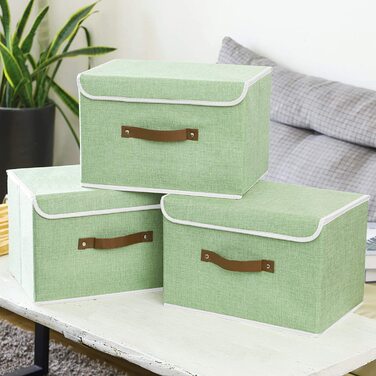 Коробка для зберігання Yawinhe з 3 предметів з кришкою, складна кошик для зберігання одягу з лляної тканини для рушників, книг, іграшок, одягу (38x25x25 см, зелена)