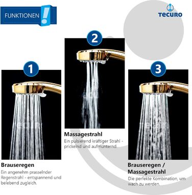 Ручний душ tecuro ew-080 gold - з 3 функціями та насадками проти накипу, позолочений