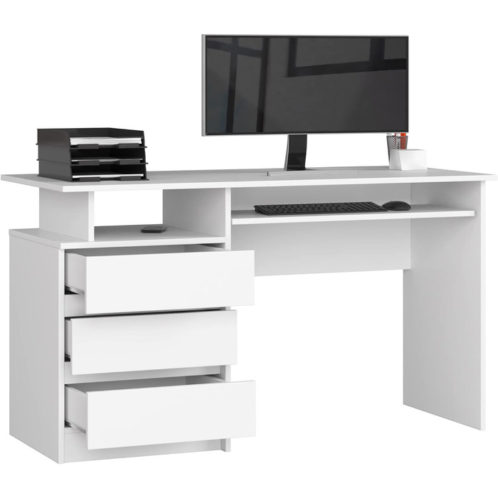 Стіл для ПК CLP 135 Офісний стіл Комп'ютерний стіл Стіл для офісу 3 шухляди, 1 полиця Ш135 x В77 x Г60 см 45 кг Білий