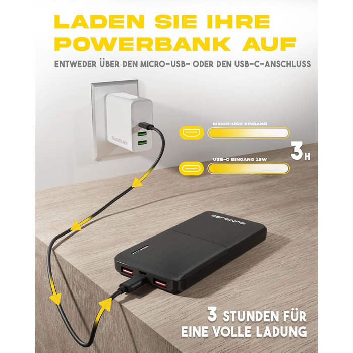 Зовнішній акумулятор 10000 мАг, USB-C і 2 шт. USB-A, швидка зарядка 18 Вт, версія 2023 року, 10 -