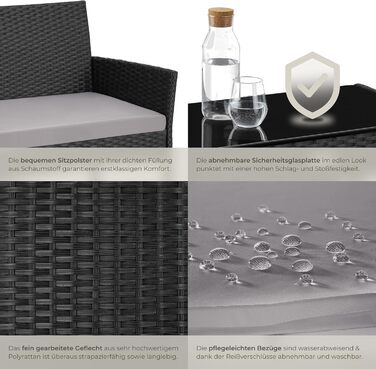 Набір садово-розплідницьких меблів tectake® з ротангу: банкетка, 2 крісла, столик, подушки, чорний колір. Меблі для балкона, тераси, саду.