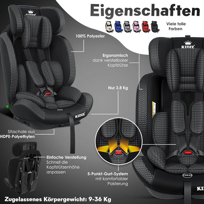 Дитяче автокрісло KIDIZ® Triangle Premium - 9-36 кг, 1-12 років, Група 1/2/3, чорний | Автокрісло, автокрісло-крісло