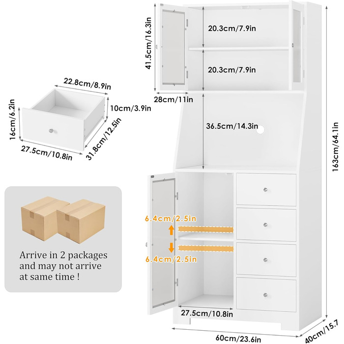 Кухонна шафа HOCSOK 163 см з робочою поверхнею, буфет, шафа для зберігання продуктів, 3 дверцята та 4 висувні ящики, висока шафа для кухні, вітальні, їдальні, бару, білий колір
