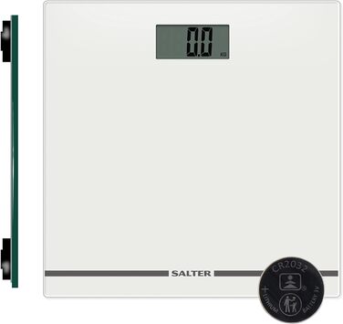 Цифрові ваги для ванної кімнати Salter 9205 BK3R - ваги ваги для тіла 180 кг/400 фунтів, ваги для ванної кімнати з тонкою скляною платформою, РК-дисплей, що легко читається, ступінчаста активація, важить кг/ст/фунт (білий, один розмір)