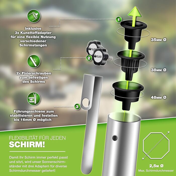 Підставка для парасольки Tillvex® Granit з роликами та ручкою для транспортування, 27 кг, кутова | Підставка для парасольки з нержавіючою сталею | Підставка для парасольки на балкон, сумісна з держателями 16-48 мм та парасольками діаметром 250 см, кутова,