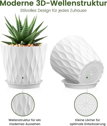 Набір горщиків для квітів 20 см, 5 шт. з підставкою та дренажними отворами, пластик, білий. Підходить для монстери, герані та інших кімнатних/садових рослин.