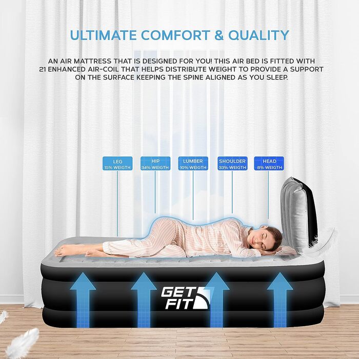 Надувне ліжко Get Fit з вбудованим електричним насосом - 99x196 см Premium Single Air Bed - Надувне ліжко з узголів'ям і безкоштовною надувною подушкою - Підняте надувне для кемпінгу односпальне - 99x196 см Чорний/Сірий