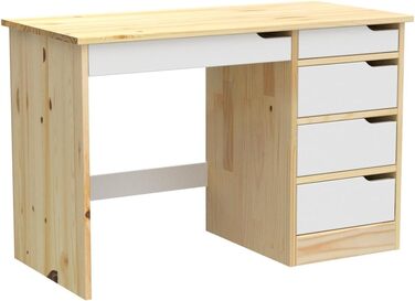 Письмовий стіл IDIMEX Hugo з масиву сосни натурального/білого кольору, красивий учнівський стіл з 5 висувними ящиками, практичний офісний стіл з поперечиною для стійкості
