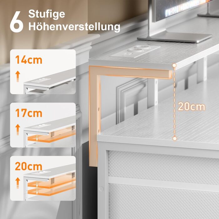 Комп'ютерний стіл з 8 висувними ящиками, 2 розетками та USB-портами, LED-підсвічуванням та підставкою для монітора, 120 x 50 x 74 см, білий