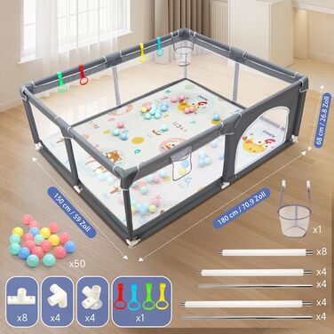 Манеж дитячий CHOLY для немовлят та малюків, 128x128 см (сірий з килимком 150x180 см) - безпечний, міцний, з сіткою та захистом