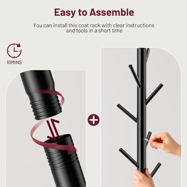 Настінна вішалка для одягу SLEEPING LAMB з 8 гачками, дерев'яний постамент, для прихожей, вітальні, спальні, офісу, чорного кольору