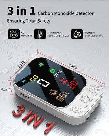 Детектор CO YEREADW 3-в-1: портативний детектор вуглекислого газу з індикатором температури та вологості, для дому, кемпінгу, 1 шт.