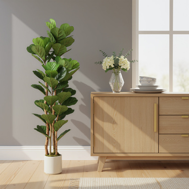 Штучна фіганова пальма (Ficus lyrata) у горщику, з 71 листям, масивний дерев'яний стовбур, 50 x 50 x 150 см, зелена