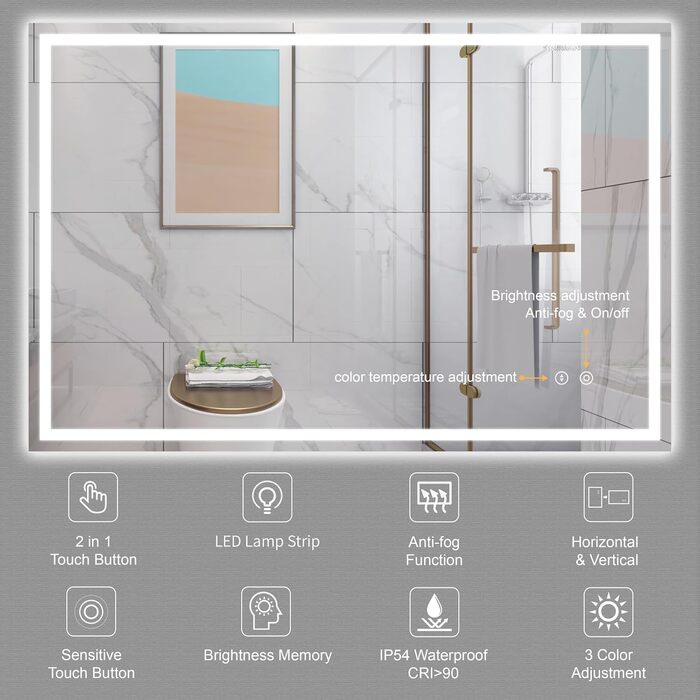 Дзеркало для ванної кімнати з LED-підсвічуванням Dripex 50x70 см, Touch-перемикач, антизапар, холодне біле світло 6400K, енергозберігаюче