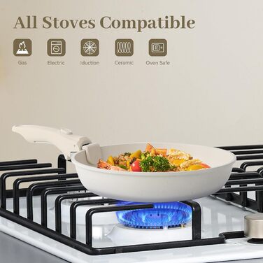 Набір посуду Cuisinluv 15 предметів: каструлі та сковорідки з антипригарним покриттям, знімні ручки, для індукційних плит, для дому та подорожей, кремово-білий