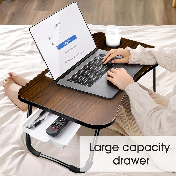 Зручний столик для ноутбука на ліжко/диван, з USB, ящиком та підставкою для планшету (60 x 40 см, коричневий)