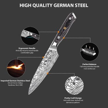 MOSFiATA ніж кухарський Сантоку, професійний ніж для кухні, універсальний ніж з нержавіючої сталі, дуже гостре лезо, з подарунковою коробкою, 7' (4 дюйми) ніж для фруктів