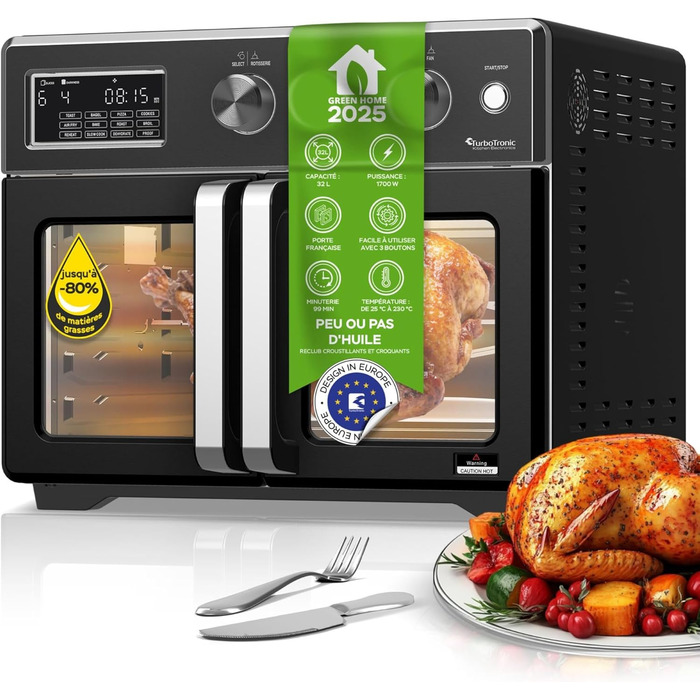 TurboTronic Міні-піч 4в1: конвекційна піч, фритюрниця, дегідратор, гриль. Об'єм 32л, з поворотним шампуром та аксесуарами. Чорний колір.