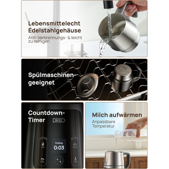 Dreo автоматичний спінювач молока All-in-1, 800 мл, срібний. Спінювач для лате-арту, гарячих та холодних напоїв, 30+ рецептів, для миття в посудомийній машині