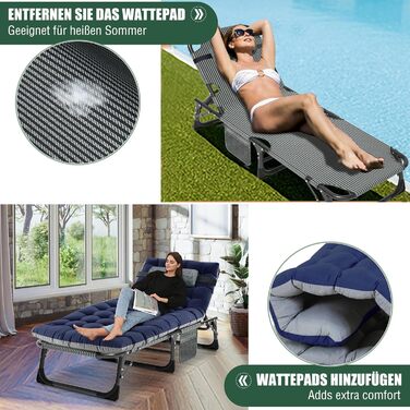 Складаний лежак для саду, 200 кг, з матрацом та підголівником, для балкону, саду, кемпінгу, блакитний