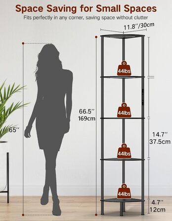 LED торшер з полицею, 3 режими світла, димування (сенсор/пульт), кутова полиця 5 рівнів, вузька книжкова шафа для вітальні, спальні, офісу, чорний