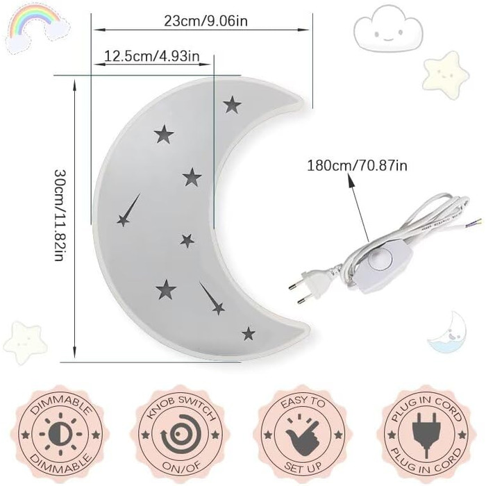 Світлодіодний настінний світильник для дитячої кімнати Приліжковий світильник з можливістю яскравості Теплий Білий Місяць (білий)