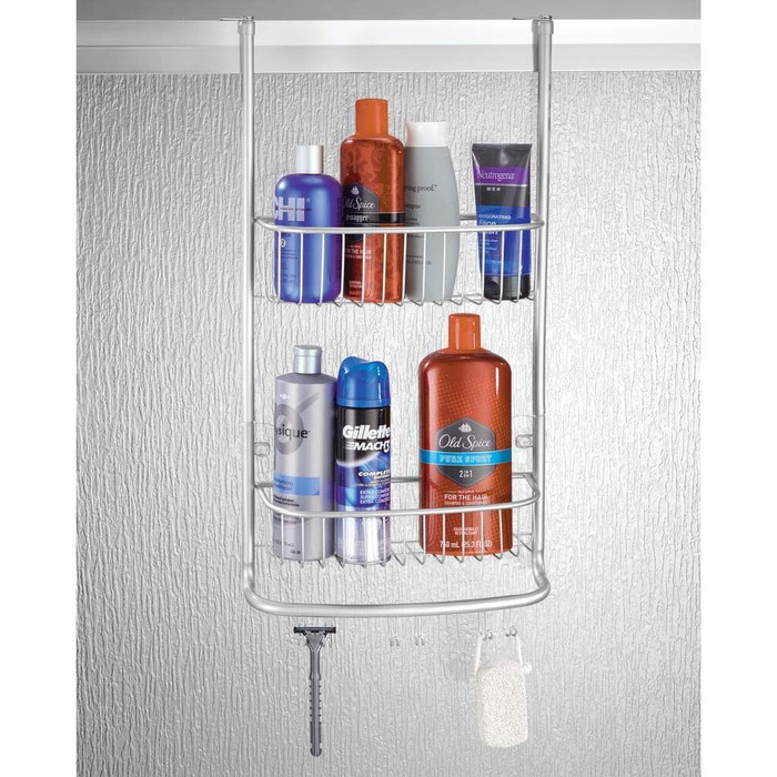 Підвісна душова полиця mDesign - практична металева душова полиця без свердління - 2 підвісні душові кошики з 6 гачками для душового приладдя та бритви - хром сріблястого кольору