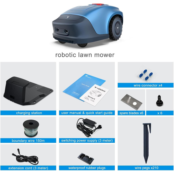 Робот-газонокосарка акумуляторна з Wi-Fi, Bluetooth і мобільним додатком, для газонів до 600 м², акумулятор 4400 мАг, станція зарядки, сенсор дощу, захист від крадіжки (синій)