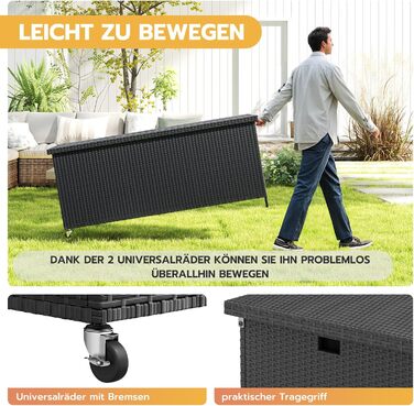 Водонепроникна садовий ящик-бокс UDPATIO з колесами 480л, чорний 138x61 см для саду та балкону