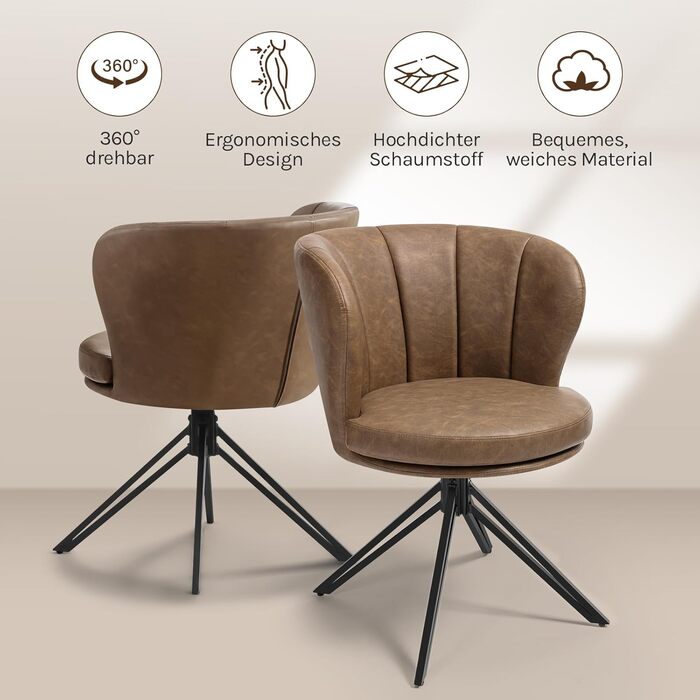 Крісла для їдальні WOLTU (2 шт), обертаються на 360°, з підлокітниками, для кухні та вітальні, стильні, витримують до 150 кг (штучна шкіра, темно-коричневі)