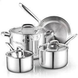 Набір посуду Cook N Home 7-piece з нержавіючої сталі, 3-шаровий, з кришками з жароміцного скла, індукційний, придатний для миття в посудомийній машині, сріблястий