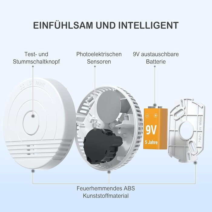 Датчик диму GS536GC з магнітною кріпленням, 5 шт. - Пожежний детектор з фотоелектричним сенсором, сертифікований DIN EN14604, 85 дБ