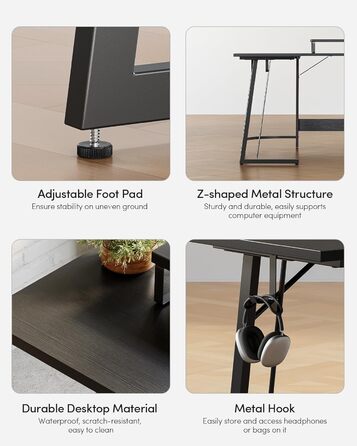 Ігровий кутовий стіл CubiCubi L-подібної форми, 150 x 120 см, чорний, з підставкою для монітора, для геймінгу