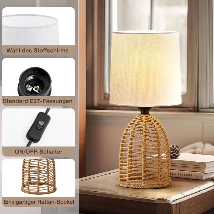 Настільна лампа GyroVu 2 шт. з ротангу, Бохо стиль, цоколь E27, для спальні, вітальні, нічний столик, читання, рустикальний дизайн