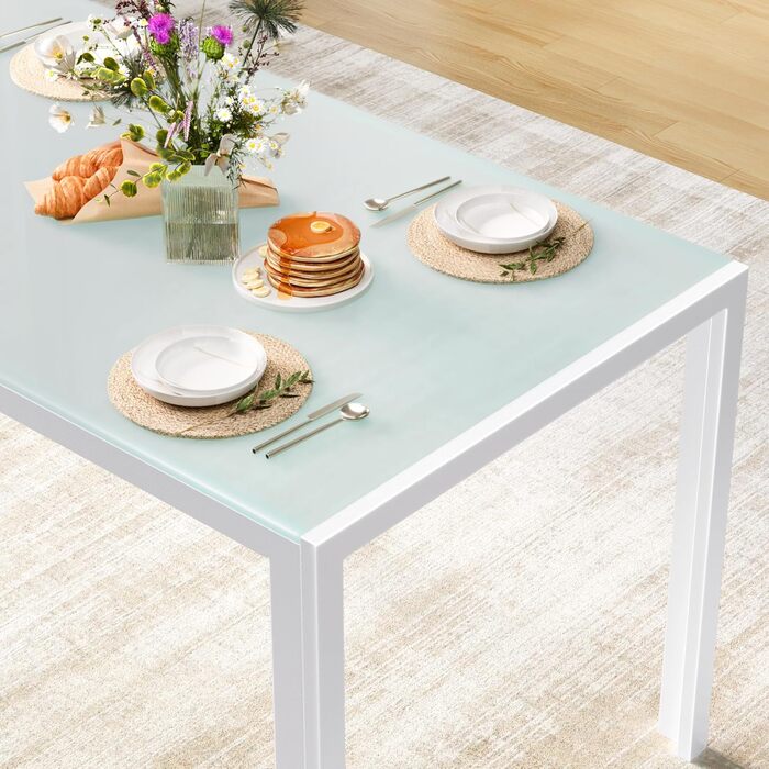 Стіл Bealife з загартованого скла, 120x70x75 см, білий. Сучасний кухонний стіл з металевим каркасом, стійкий до подряпин та тепла. Для кухні, вітальні, їдальні або кавової зони, home office.