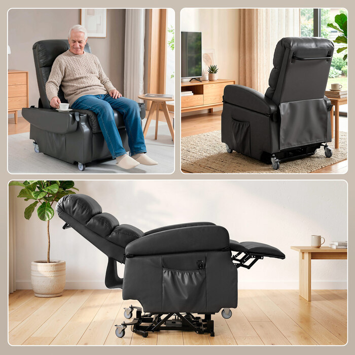 Крісло-релаксатор з підйомним механізмом та електроприводом. Електричне крісло з підніжкою, пультом дистанційного керування та функцією відкидання спинки, колір – темно-сірий.