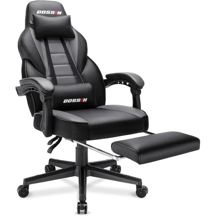 Крісло ігрове Bossin Racing Style для офісу та комп'ютерного столу з підніжкою та підголівником сірого та чорного кольору