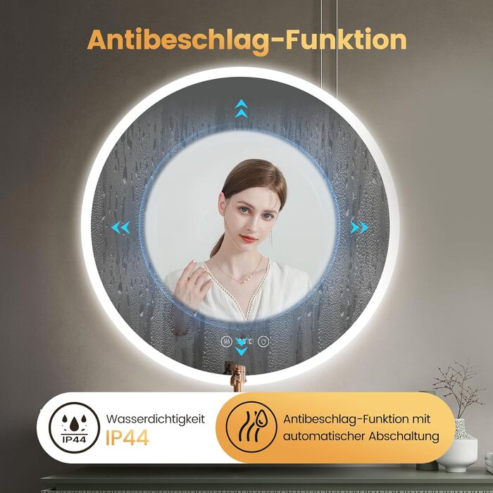 Дзеркало для ванної кімнати YOLEO з підсвічуванням 70см, LED дзеркало з Bluetooth, сенсорне управління, захисне скло, 3 кольори світла, регулювання яскравості, 70x70 см