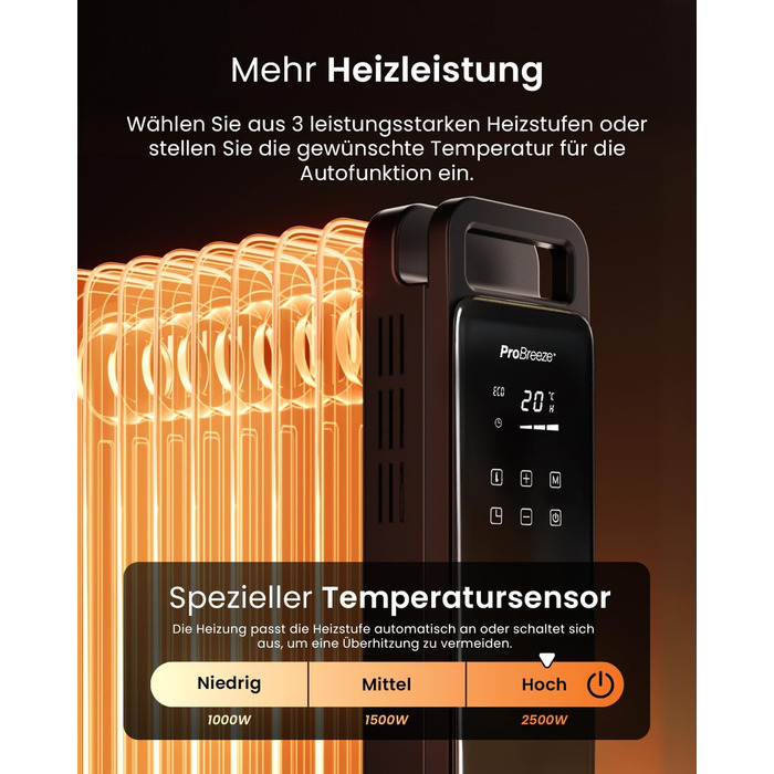 Електричний масляний радіатор Pro Breeze OmniWarm 2500W з 11 секціями, чорний - енергозберігаюча теплова панель з термостатом, таймером та захистом від перегріву
