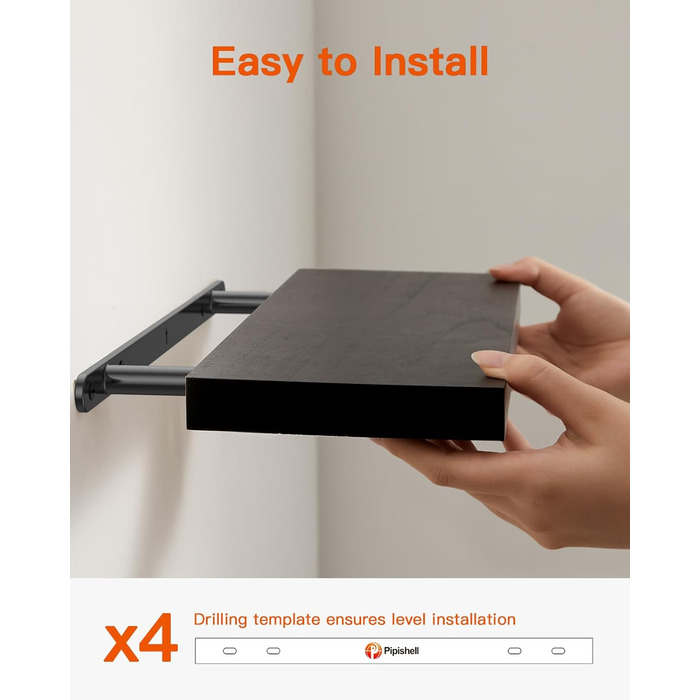 Полиця настінна Pipishell Wandregal Holz 40 см, набір 4 шт., дерево Paulownia, чорна - для кухні, ванної, спальні, офісу