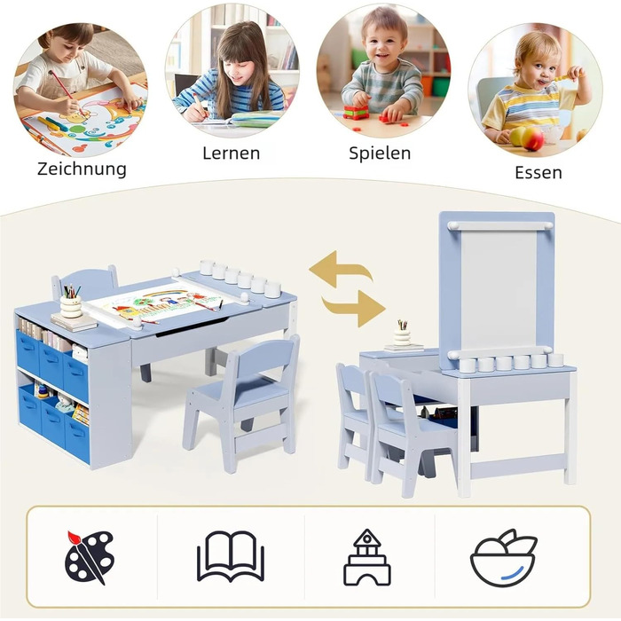Дитячий стіл зі стільцями, комплект з дерева, дитяча група сидіння з місцем для зберігання, стіл для малювання з рулоном паперу, стіл для малювання та рукоділля для дітей від 3 років (Блакитний)