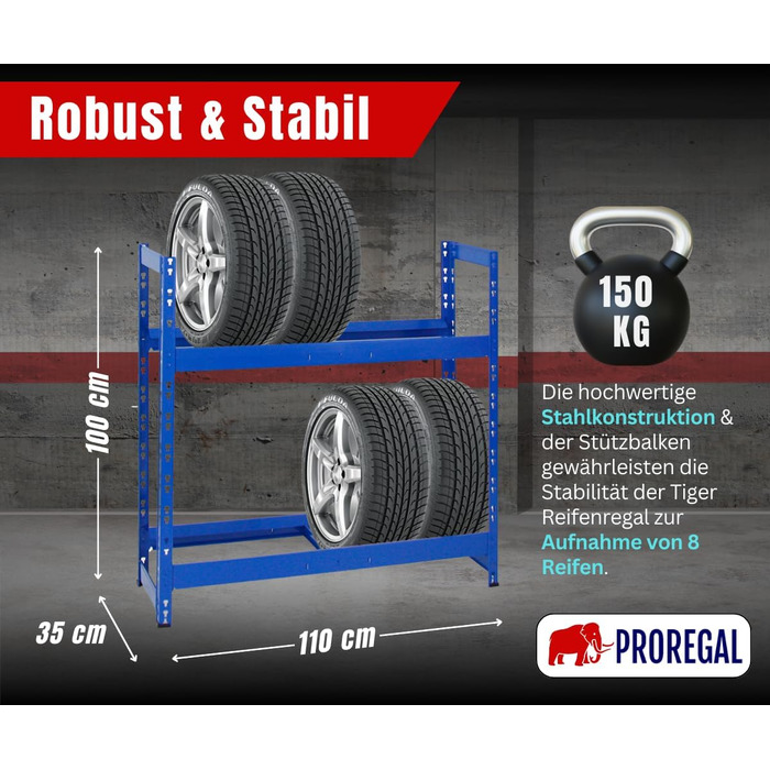 Стелаж для шин PROREGAL Tiger: 100x110x35 см, 150 кг навантаження, 8 шин, 2 рівні, блакитний