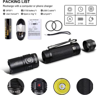 Потужний світлодіодний ліхтарик Sofirn SP35, тактичний ліхтарик з підсвічуванням 2000 люмен USB акумуляторна лампа з батареєю 21700, багатофункціональний 8 режимів для полювання на відкритому повітрі пошук