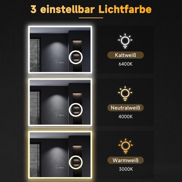 Дзеркало для ванної кімнати SONNI з підсвічуванням 80x60 см, 3 кольори світла, проти запотівання, LED, сенсорне керування, годинник, температура, 3-кратне збільшення