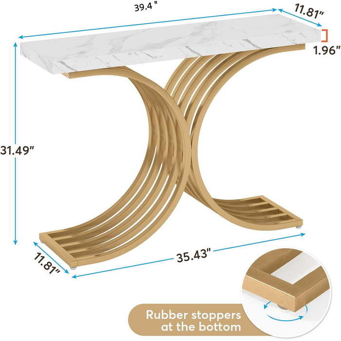 Вузький консольний стіл Tribesigns, золотий каркас, 100x30x80 см, передпокій/диванний столик, білий/золотий