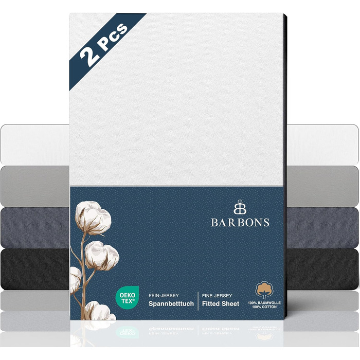 Простирадло BARBONS Premium Fitted Sheet 160x200 см сертифіковане Oeko-TEX, 100 бавовняне простирадло, простирадло з трикотажу, простирадло, висота матраца до 25 см ( 160x200 2 шт. ) (Простирадло 180x200 см (2 шт. ), Біле)