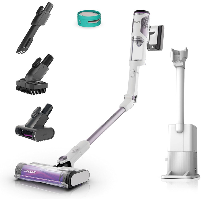 Shark акумуляторний пилосос Clean & Empty з базою самостійного очищення, до 40 хв роботи, бездротовий, для шерсті тварин, килимів та твердих підлог, з LED-підсвічуванням, тихий, білий/блакитний, BU3521EU