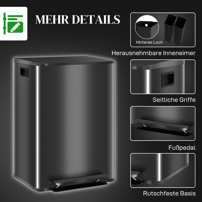 Відро для сміття з двома відсіками по 30 літрів, м'яке закриття кришки, стійке до відбитків пальців, нержавіюча сталь, чорний