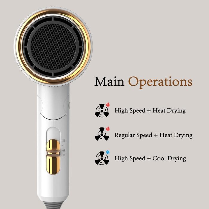Компактний іонізуючий фен для волосся 2000W, складаний дорожній фен з дифузором та стилізуючою насадкою, швидке сушіння, білий