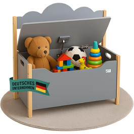 Дерев'яна іграшкова скриня Coemo з банківкою, біла, Trudi, 60x26x55 см – для дитячої кімнати, з місцем для зберігання, безпечним шарніром, зручною висотою, декоративним дизайном хмари (сірий)